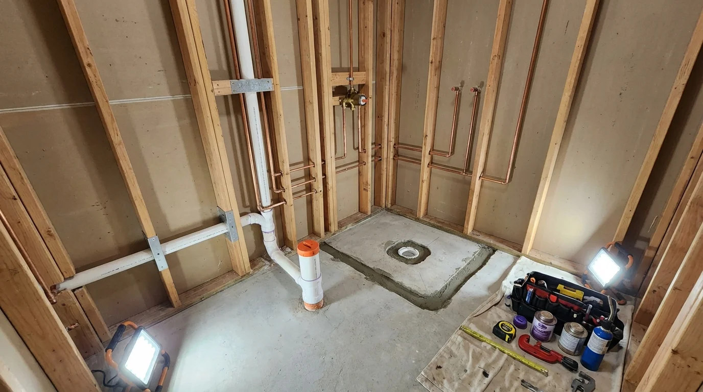 Bathroom rough-in plumbing during remodel by Johns Plumbing LLC in Fullerton