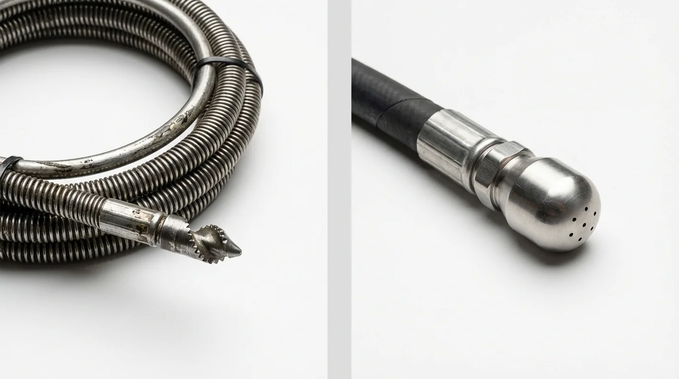 Drain snake cable and hydro jetting nozzle used for drain cleaning in Fullerton, CA