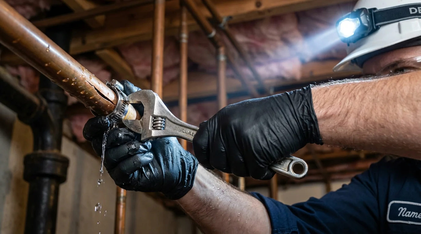 Emergency pipe clamp repair being performed by a Johns Plumbing LLC plumber in Fullerton