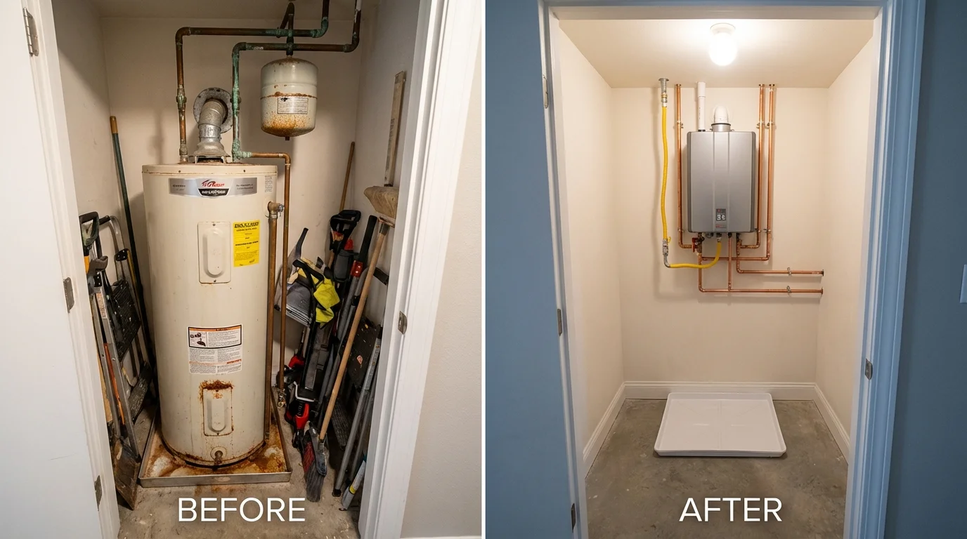 Tank water heater versus wall-mounted tankless unit comparison for Fullerton, CA homeowners