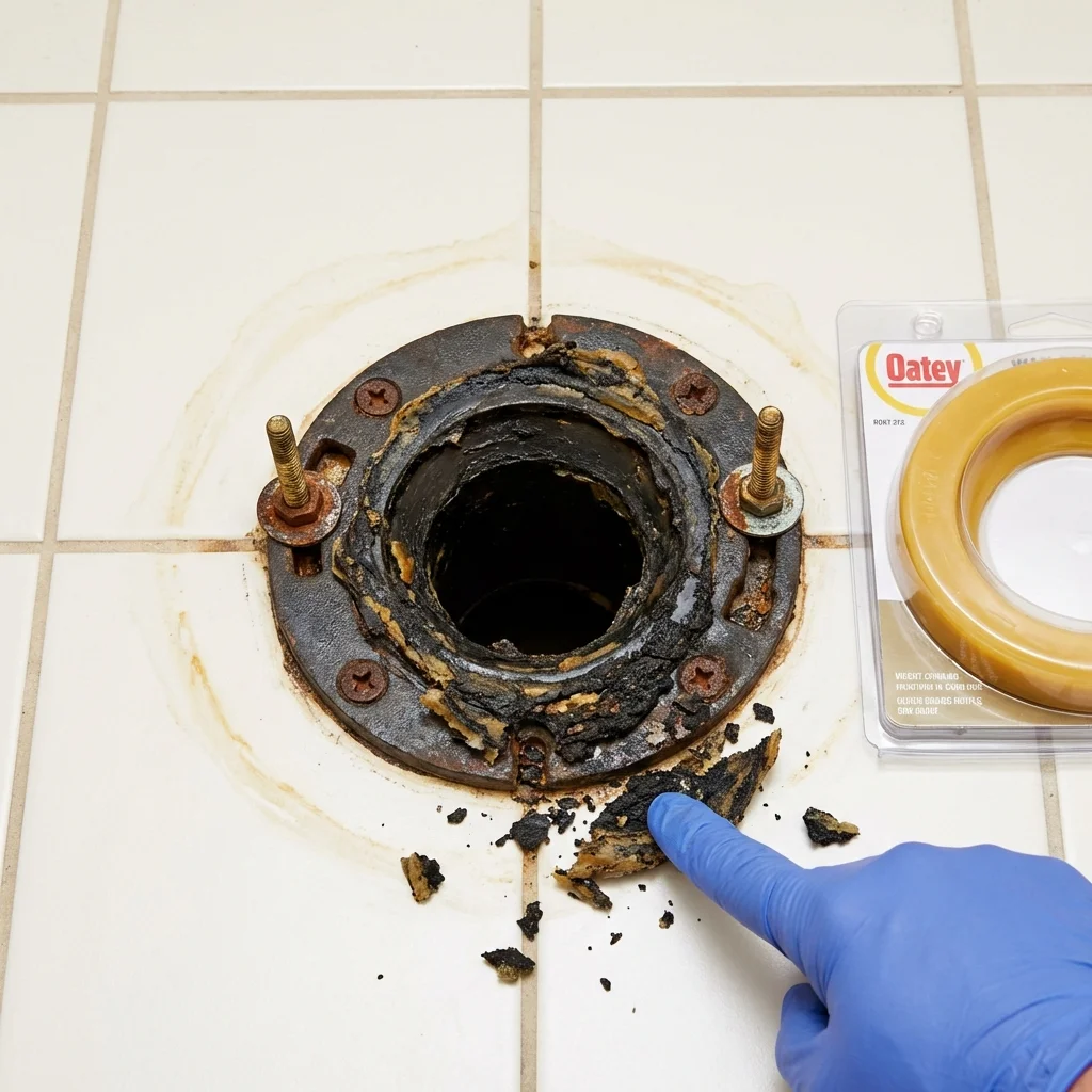 Failed wax ring showing water seepage at the base of a toilet in a Fullerton, CA home