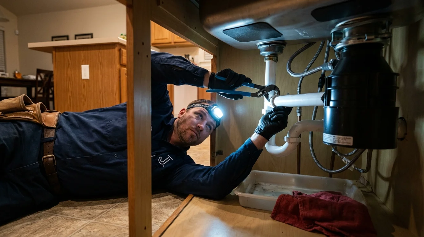 P-trap and supply line connections under a kitchen sink showing a common leak point in Fullerton, CA
